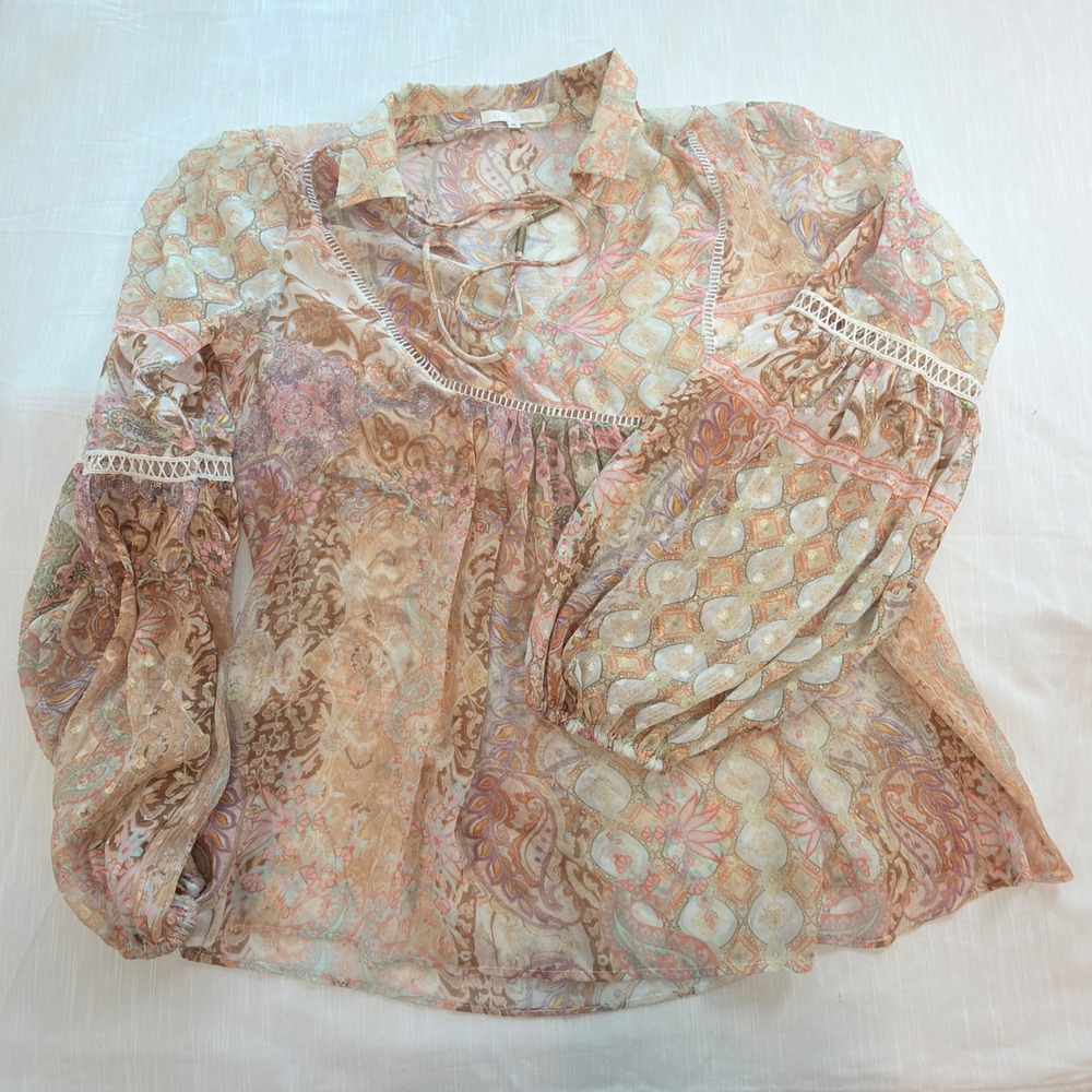 Guess Blouse Women Medium Multi Color Excellent Paisley Sheer Boho Crochet fairy